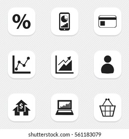 Set Of 9 Editable Logical Icons. Includes Symbols Such As User, Percent, Bank Payment And More. Can Be Used For Web, Mobile, UI And Infographic Design.