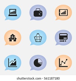 Set Of 9 Editable Logical Icons. Includes Symbols Such As Trading Purse, Cash Briefcase, Circle Diagram And More. Can Be Used For Web, Mobile, UI And Infographic Design.