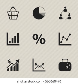 Set Of 9 Editable Logical Icons. Includes Symbols Such As Circle Diagram, Transmission, Cash Briefcase And More. Can Be Used For Web, Mobile, UI And Infographic Design.