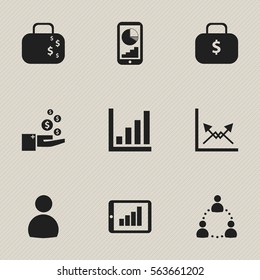 Set Of 9 Editable Logical Icons. Includes Symbols Such As Phone Statistics, User, Cash Briefcase And More. Can Be Used For Web, Mobile, UI And Infographic Design.