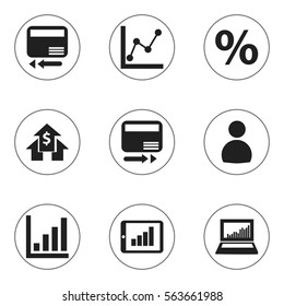 Set Of 9 Editable Logical Icons. Includes Symbols Such As Statistic, Percent, User And More. Can Be Used For Web, Mobile, UI And Infographic Design.