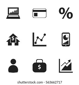 Set Of 9 Editable Logical Icons. Includes Symbols Such As Progress, Equalizer Display, Phone Statistics And More. Can Be Used For Web, Mobile, UI And Infographic Design.