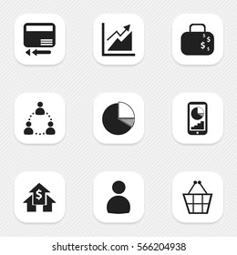 Set Of 9 Editable Logical Icons. Includes Symbols Such As Trading Purse, Transmission, Phone Statistics And More. Can Be Used For Web, Mobile, UI And Infographic Design.