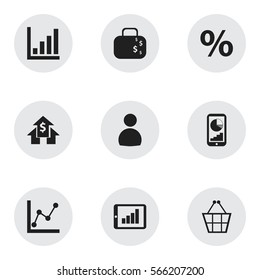 Set Of 9 Editable Logical Icons. Includes Symbols Such As Trading Purse, Percent, Statistic And More. Can Be Used For Web, Mobile, UI And Infographic Design.