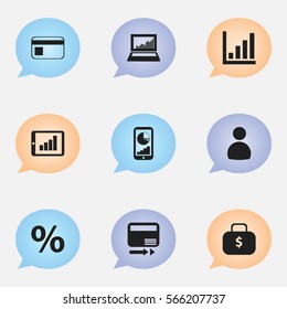 Set Of 9 Editable Logical Icons. Includes Symbols Such As Pay Redeem, Bar Chart, Bank Payment And More. Can Be Used For Web, Mobile, UI And Infographic Design.