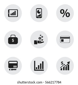 Set Of 9 Editable Logical Icons. Includes Symbols Such As Money Bag, Bar Chart, Credit Card And More. Can Be Used For Web, Mobile, UI And Infographic Design.
