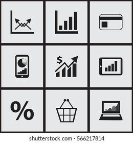 Set Of 9 Editable Logical Icons. Includes Symbols Such As Equalizer Display, Percent, Phone Statistics And More. Can Be Used For Web, Mobile, UI And Infographic Design.