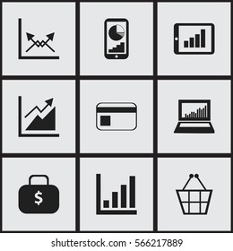 Set Of 9 Editable Logical Icons. Includes Symbols Such As Phone Statistics, Equalizer Display, Statistic And More. Can Be Used For Web, Mobile, UI And Infographic Design.