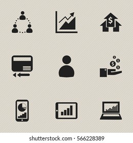 Set Of 9 Editable Logical Icons. Includes Symbols Such As User, Bar Chart, Progress And More. Can Be Used For Web, Mobile, UI And Infographic Design.