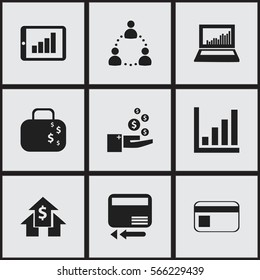 Set Of 9 Editable Logical Icons. Includes Symbols Such As Statistic, Bar Chart, Credit Card And More. Can Be Used For Web, Mobile, UI And Infographic Design.