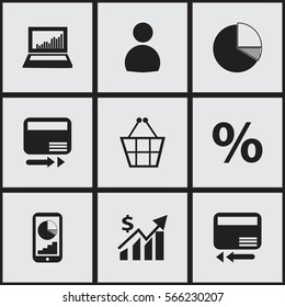 Set Of 9 Editable Logical Icons. Includes Symbols Such As Percent, Circle Diagram, Trading Purse And More. Can Be Used For Web, Mobile, UI And Infographic Design.