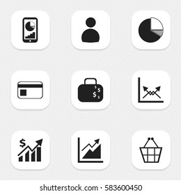 Set Of 9 Editable Logical Icons. Includes Symbols Such As Trading Purse, Circle Diagram, User And More. Can Be Used For Web, Mobile, UI And Infographic Design.