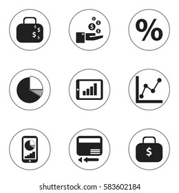 Set Of 9 Editable Logical Icons. Includes Symbols Such As Circle Diagram, Profit, Money Bag And More. Can Be Used For Web, Mobile, UI And Infographic Design.