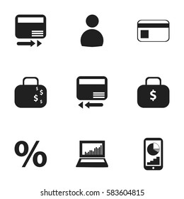 Set Of 9 Editable Logical Icons. Includes Symbols Such As Credit Card, Pay Redeem, Cash Briefcase And More. Can Be Used For Web, Mobile, UI And Infographic Design.