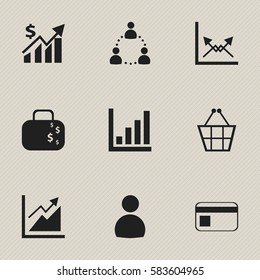 Set Of 9 Editable Logical Icons. Includes Symbols Such As Trading Purse, Transmission, Statistic And More. Can Be Used For Web, Mobile, UI And Infographic Design.