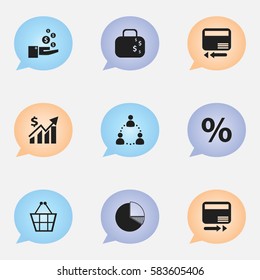 Set Of 9 Editable Logical Icons. Includes Symbols Such As Revenue, Credit Card, Trading Purse And More. Can Be Used For Web, Mobile, UI And Infographic Design.