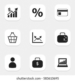 Set Of 9 Editable Logical Icons. Includes Symbols Such As Revenue, Bank Payment, Trading Purse And More. Can Be Used For Web, Mobile, UI And Infographic Design.