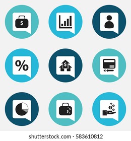 Set Of 9 Editable Logical Icons. Includes Symbols Such As Profit, Circle Diagram, Credit Card And More. Can Be Used For Web, Mobile, UI And Infographic Design.