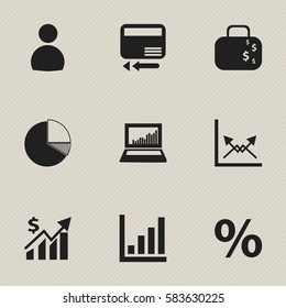 Set Of 9 Editable Logical Icons. Includes Symbols Such As Statistic, Equalizer Display, Revenue And More. Can Be Used For Web, Mobile, UI And Infographic Design.