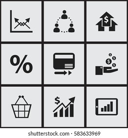 Set Of 9 Editable Logical Icons. Includes Symbols Such As Banking House, Bar Chart, Revenue And More. Can Be Used For Web, Mobile, UI And Infographic Design.