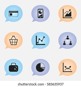 Set Of 9 Editable Logical Icons. Includes Symbols Such As Phone Statistics, Progress, Circle Diagram And More. Can Be Used For Web, Mobile, UI And Infographic Design.