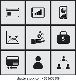 Set Of 9 Editable Logical Icons. Includes Symbols Such As Credit Card, Schema, Transmission And More. Can Be Used For Web, Mobile, UI And Infographic Design.