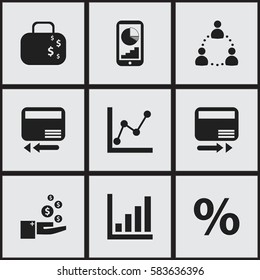 Set Of 9 Editable Logical Icons. Includes Symbols Such As Percent, Credit Card, Graph Information And More. Can Be Used For Web, Mobile, UI And Infographic Design.
