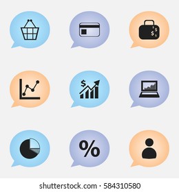 Set Of 9 Editable Logical Icons. Includes Symbols Such As Equalizer Display, Revenue, User And More. Can Be Used For Web, Mobile, UI And Infographic Design.