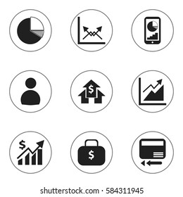Set Of 9 Editable Logical Icons. Includes Symbols Such As Money Bag, Phone Statistics, Banking House And More. Can Be Used For Web, Mobile, UI And Infographic Design.