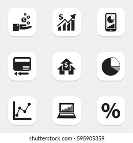 Set Of 9 Editable Logical Icons. Includes Symbols Such As Phone Statistics, Graph Information, Percent And More. Can Be Used For Web, Mobile, UI And Infographic Design.