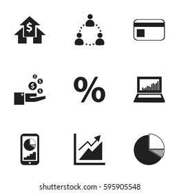 Set Of 9 Editable Logical Icons. Includes Symbols Such As Circle Diagram, Equalizer Display, Percent And More. Can Be Used For Web, Mobile, UI And Infographic Design.