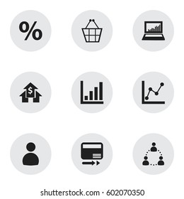 Set Of 9 Editable Logical Icons. Includes Symbols Such As Banking House, Graph Information, Percent And More. Can Be Used For Web, Mobile, UI And Infographic Design.