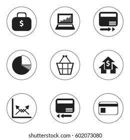 Set Of 9 Editable Logical Icons. Includes Symbols Such As Pay Redeem, Credit Card, Money Bag And More. Can Be Used For Web, Mobile, UI And Infographic Design.