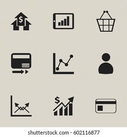 Set Of 9 Editable Logical Icons. Includes Symbols Such As Bar Chart, Bank Payment, Graph Information And More. Can Be Used For Web, Mobile, UI And Infographic Design.