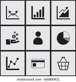 Set Of 9 Editable Logical Icons. Includes Symbols Such As Progress, Statistic, Bank Payment And More. Can Be Used For Web, Mobile, UI And Infographic Design.