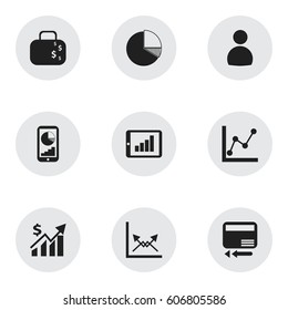 Set Of 9 Editable Logical Icons. Includes Symbols Such As Phone Statistics, Circle Diagram, Credit Card And More. Can Be Used For Web, Mobile, UI And Infographic Design.