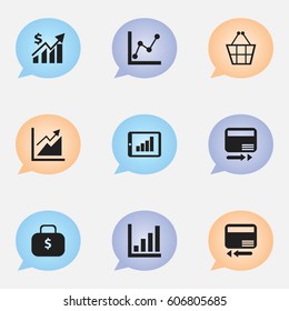 Set Of 9 Editable Logical Icons. Includes Symbols Such As Credit Card, Graph Information, Bar Chart And More. Can Be Used For Web, Mobile, UI And Infographic Design.