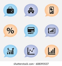 Set Of 9 Editable Logical Icons. Includes Symbols Such As Cash Briefcase, Statistic, Graph Information And More. Can Be Used For Web, Mobile, UI And Infographic Design.
