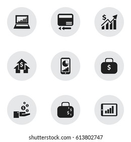 Set Of 9 Editable Logical Icons. Includes Symbols Such As Banking House, Cash Briefcase, Money Bag And More. Can Be Used For Web, Mobile, UI And Infographic Design.