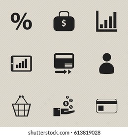 Set Of 9 Editable Logical Icons. Includes Symbols Such As Money Bag, Statistic, Bar Chart And More. Can Be Used For Web, Mobile, UI And Infographic Design.