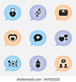 Set Of 9 Editable Love Icons. Includes Symbols Such As Sexuality, Passion, Padlock And More. Can Be Used For Web, Mobile, UI And Infographic Design.