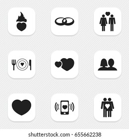 Set Of 9 Editable Love Icons. Includes Symbols Such As Wedding, Soul, Couple And More. Can Be Used For Web, Mobile, UI And Infographic Design.