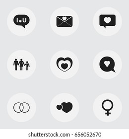 Set Of 9 Editable Love Icons. Includes Symbols Such As Woman Symbol, Bubble, Lineage And More. Can Be Used For Web, Mobile, UI And Infographic Design.