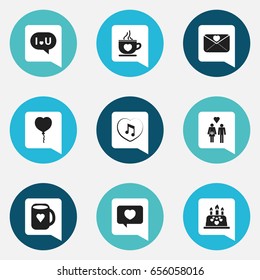 Set Of 9 Editable Love Icons. Includes Symbols Such As Tea Mug, Valentine Balloons, Love Message And More. Can Be Used For Web, Mobile, UI And Infographic Design.