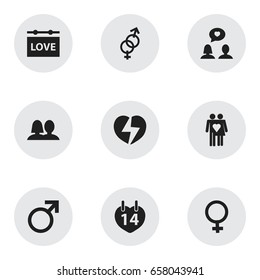 Set Of 9 Editable Love Icons. Includes Symbols Such As Banner, Woman Symbol, Valentines Day And More. Can Be Used For Web, Mobile, UI And Infographic Design.