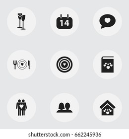 Set Of 9 Editable Love Icons. Includes Symbols Such As Aim, Dishes, Wedlock And More. Can Be Used For Web, Mobile, UI And Infographic Design.