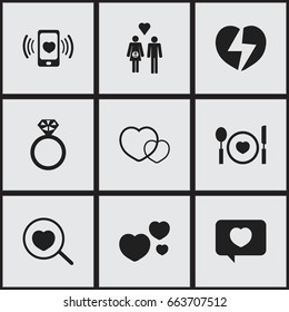 Set Of 9 Editable Love Icons. Includes Symbols Such As Cutlery, Love Message, Smartphone And More. Can Be Used For Web, Mobile, UI And Infographic Design.