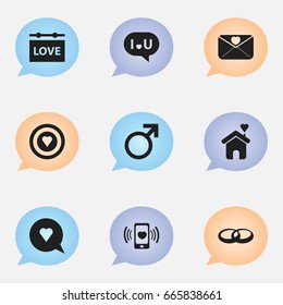 Set Of 9 Editable Love Icons. Includes Symbols Such As Dartboard, Affection Letter, Bubble And More. Can Be Used For Web, Mobile, UI And Infographic Design.