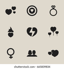 Set Of 9 Editable Love Icons. Includes Symbols Such As Divorce, Dear, Fire Loving And More. Can Be Used For Web, Mobile, UI And Infographic Design.
