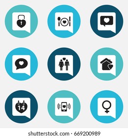 Set Of 9 Editable Love Icons. Includes Symbols Such As Cutlery, Smartphone, Locked Heart And More. Can Be Used For Web, Mobile, UI And Infographic Design.